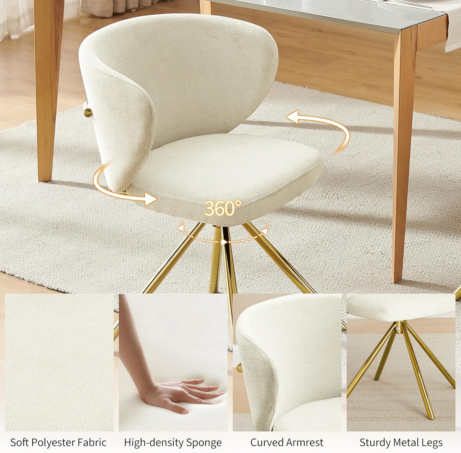 Art Leon Swivel Dining Chairs Set of 2 - Modern Fabric Upholstered Kitchen Dining Room Chairs, Armless Accent Chairs with Golden Metal Legs, Side Chairs for Vanity, Off White