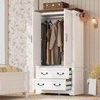LIKIMIO Armoire Wardrobe Closet 70" with 2 Drawers for Bedroom, White | Farmhouse Wardrobe with Roman Column Doors, Hanging Rod and Side Hooks for Clothing Storage and Organization in Bedrooms