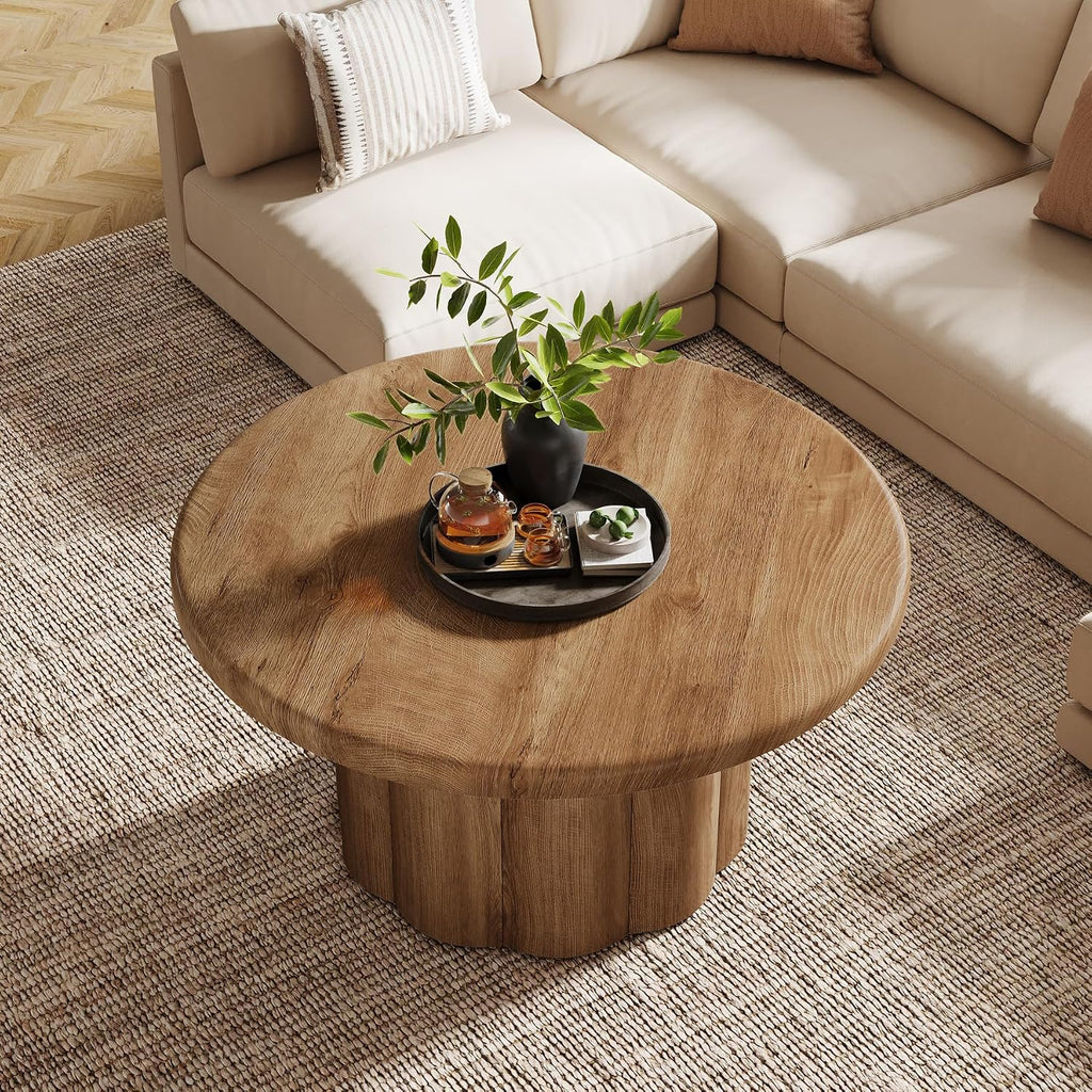 Tribesigns 31.5" Round Coffee Table for Living Room, Farmhouse Circle Center Cocktail Table with Fluted Drum Base, Wooden Living Room Furniture for Apartment, Small Space, Brown