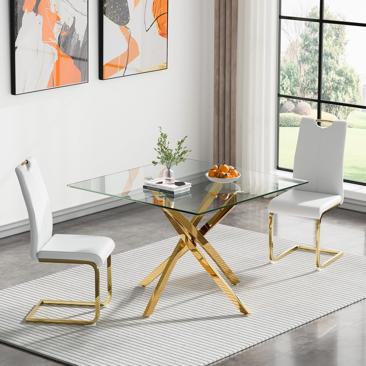 HomVent 3 Piece Square Glass Dining Table Set, Square Glass Kitchen Table Set for 2 with 2 PU Upholstered Dining Chairs for Kitchen Dining Room