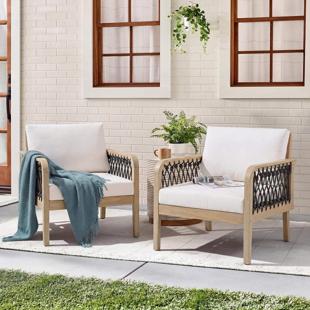 Outdoor Acacia Wood Club Chair with Handwoven Rope, Weather-Resistant, Set of 2, Light Teak Finish, 400 Lbs Capacity