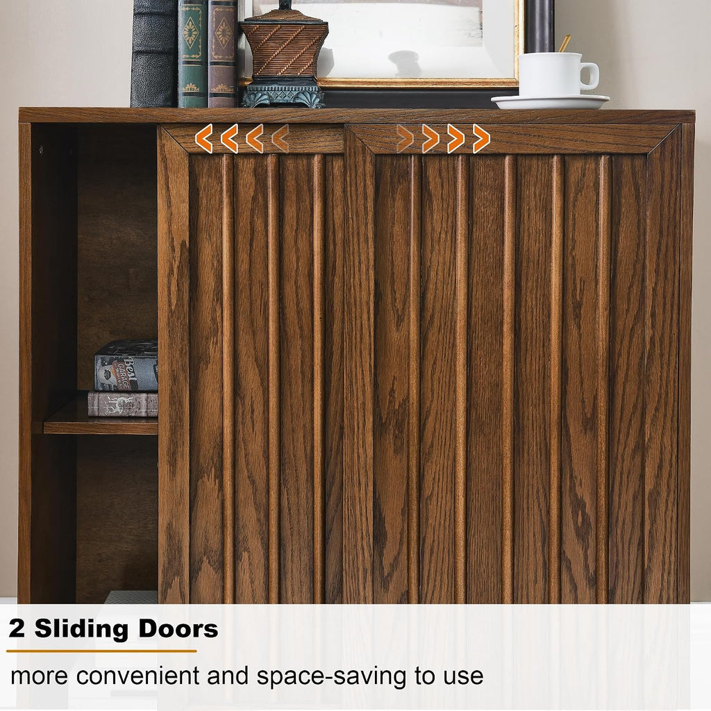 Mid Century Modern Sideboard Cabinet | Slim Fluted Credenza with Sliding Doors | Narrow Storage Buffet Console Table for Small Spaces, Living Room, Entryway, Kitchen (Walnut, 32")