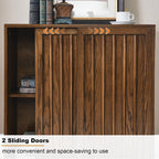 Mid Century Modern Sideboard Cabinet | Slim Fluted Credenza with Sliding Doors | Narrow Storage Buffet Console Table for Small Spaces, Living Room, Entryway, Kitchen (Walnut, 32")