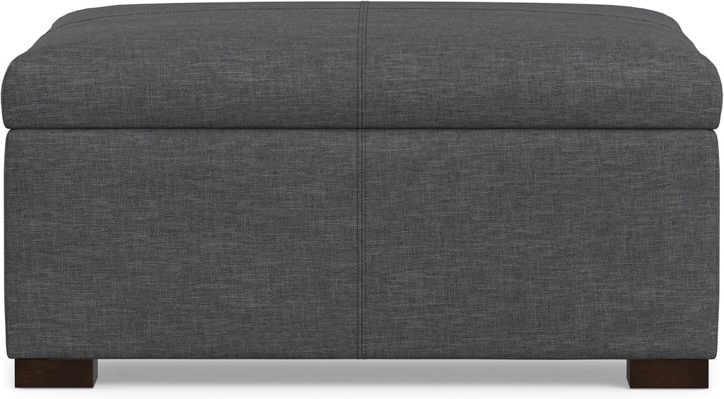 SIMPLIHOME Gabbie 36" Wide Linen Look Fabric Storage Ottoman in Slate Grey | Contemporary ottoman with lift-top storage; rectangle storage bench for living room, bedroom, and entryway.