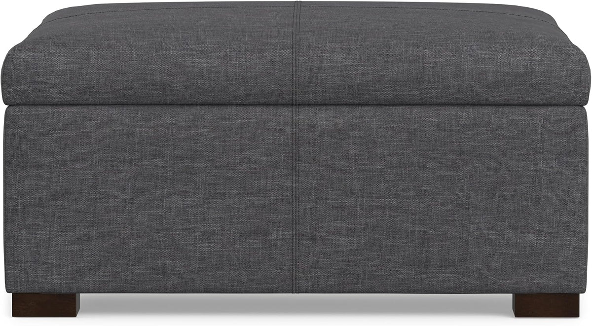 SIMPLIHOME Gabbie 36" Wide Linen Look Fabric Storage Ottoman in Slate Grey | Contemporary ottoman with lift-top storage; rectangle storage bench for living room, bedroom, and entryway.