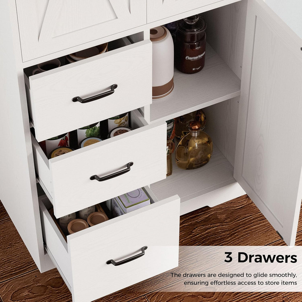 IRONCK Pantry Cabinet, Kitchen Storage Cabinet with 3 Door & Drawer, White | Adjustable Shelf. 67.5inch Tall. 5 Tier Freestanding. 150 lbs Per Shelf. Modern Style. FSC-certified Wood. Anti-tip.
