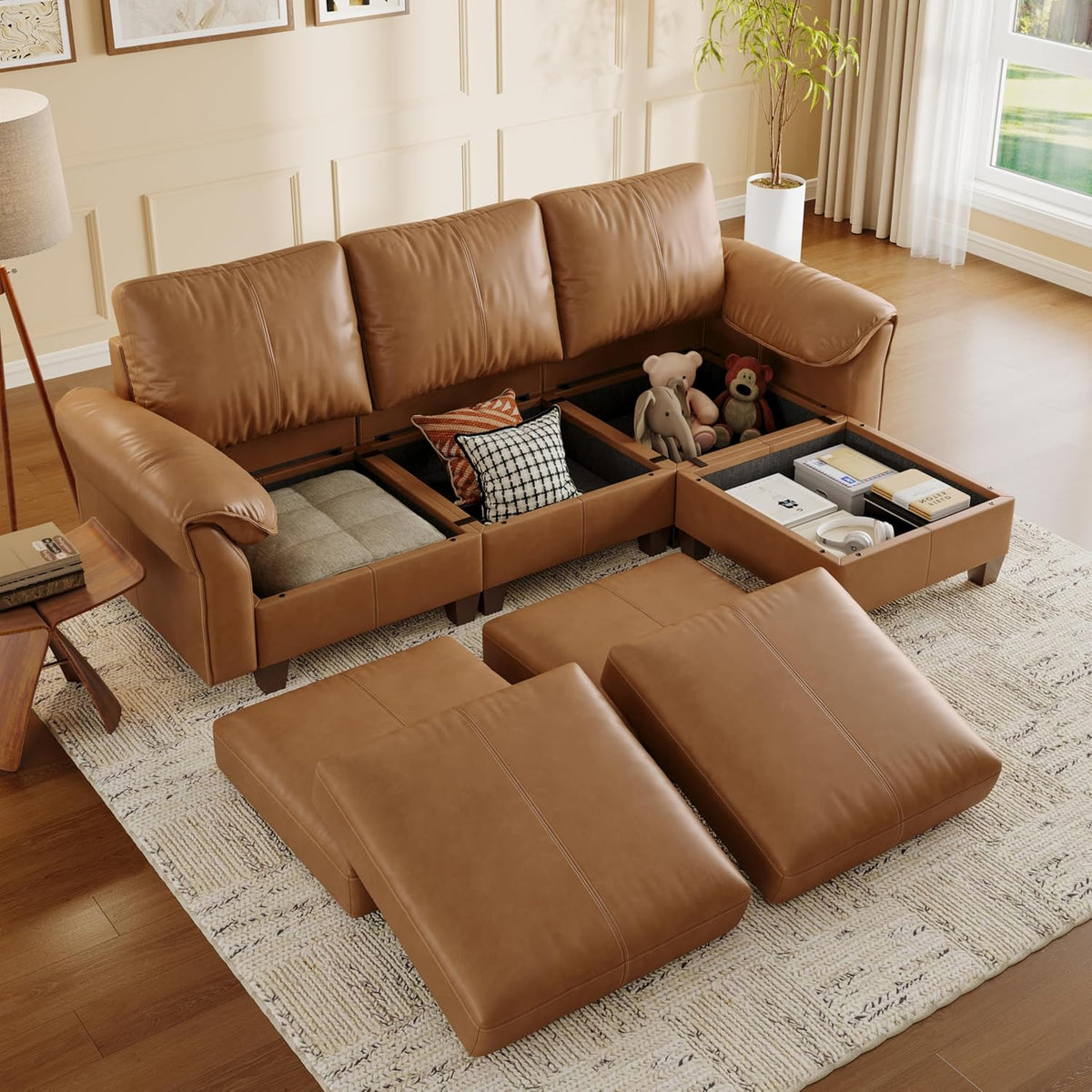 SITJOY Faux Leather Modular Sectional Sofa with Storage, Mid Century Modern Sectional Couches for Living Room, 11.8" Wide Armrests, 96" Wide 3 Seater L Shaped Couch with Chaise, Brown