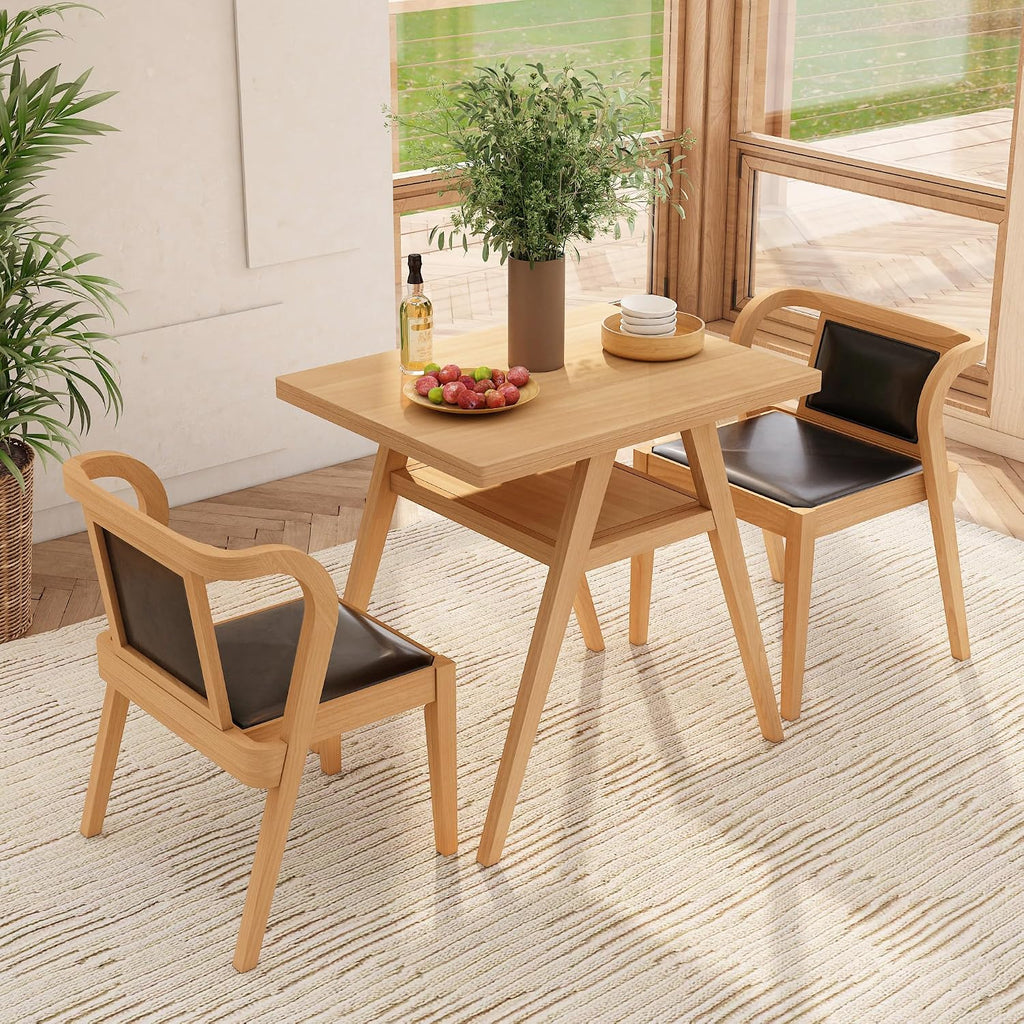 PADMA HOUSE Bistro Stacking Table Chair Set of 3, Wood Leather Dining Set | Black Kitchen Desk Chairs Set, Small Dining Table&Chair Set, Nesting Table Chair Set for Tavern Balcony Dining Indoor Patio