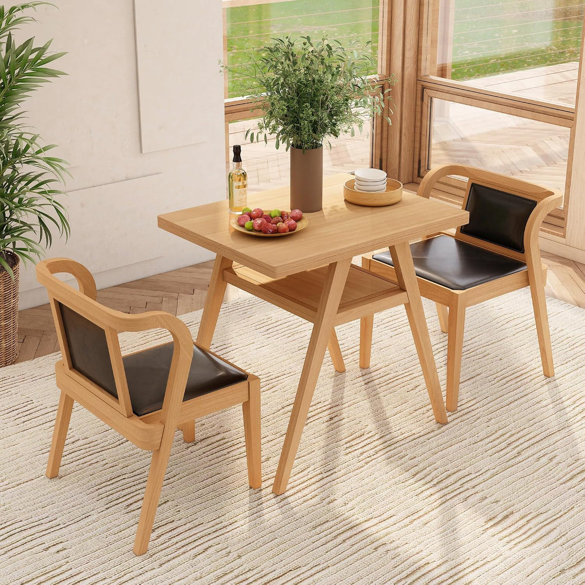 PADMA HOUSE Bistro Stacking Table Chair Set of 3, Wood Leather Dining Set | Black Kitchen Desk Chairs Set, Small Dining Table&Chair Set, Nesting Table Chair Set for Tavern Balcony Dining Indoor Patio