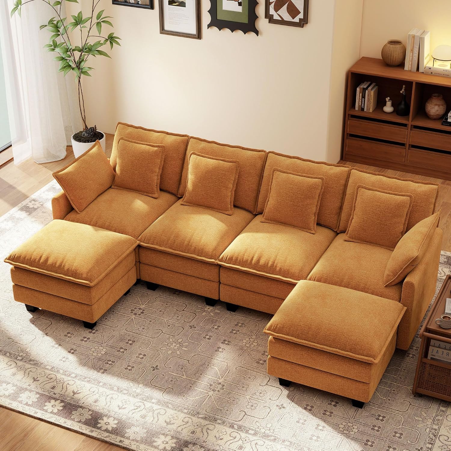 Ihanherry 107" Modular Sectional Cloud Sofa, U Shaped 6 Seat Chenille Couch with Movable Ottoman and 48" Deep Seat, Convertible Couches for Living Room, Orange