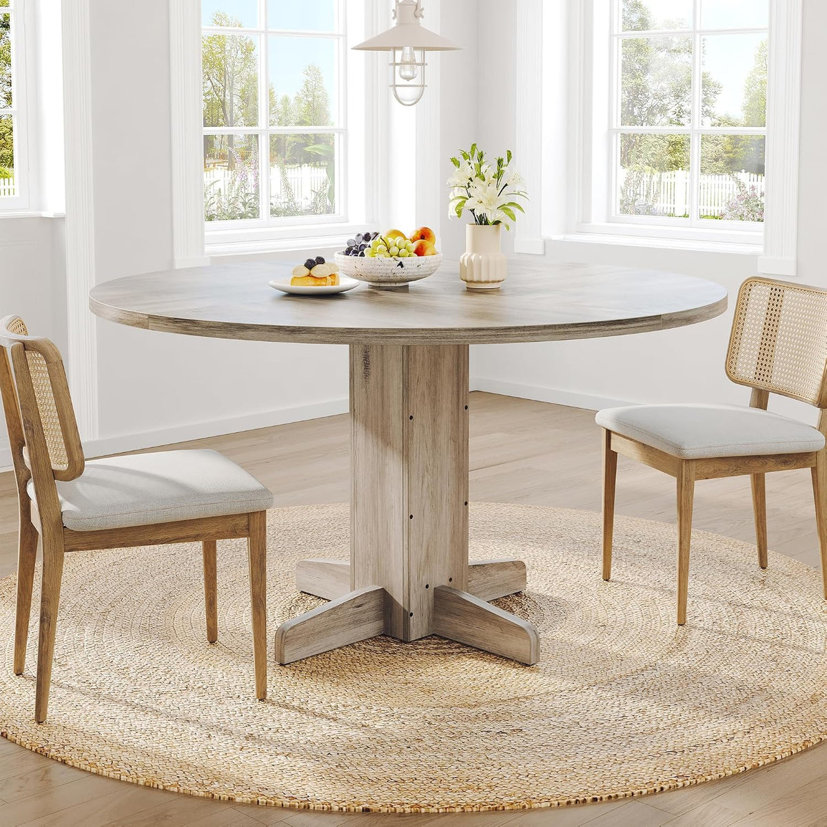 Round Dining Table for 4-6 People,Circle Dining Table, 47 Inch Farmhouse Kitchen Table with Sturdy Pedestal Base,Finish Circle Table for Dining Room, Living Room, Apartment