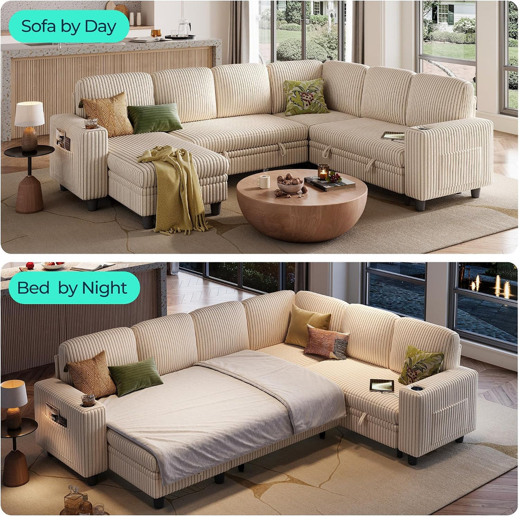 LINSY HOME Sectional Couches for Living Room, 81" U Shape 6 Seats, Beige | Sleeper sofa with pull out couch bed, corduroy couch with storage
