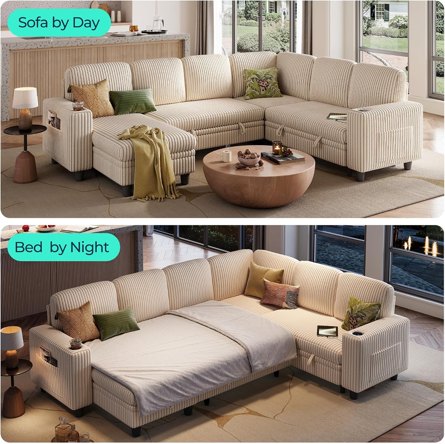 LINSY HOME Sectional Couches for Living Room, 81" U Shape 6 Seats, Beige | Sleeper sofa with pull out couch bed, corduroy couch with storage
