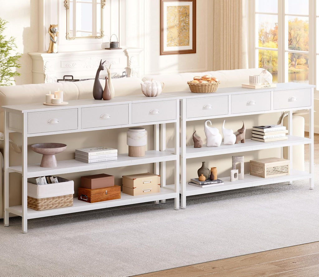 47" console table Set of 2 with 3 Drawers, Sofa Table for Behind Couch | Industrial Hallway Table with Open Wooden Shelves for Hallway, Entry Way, Living Room, Kitchen, Foyer, White