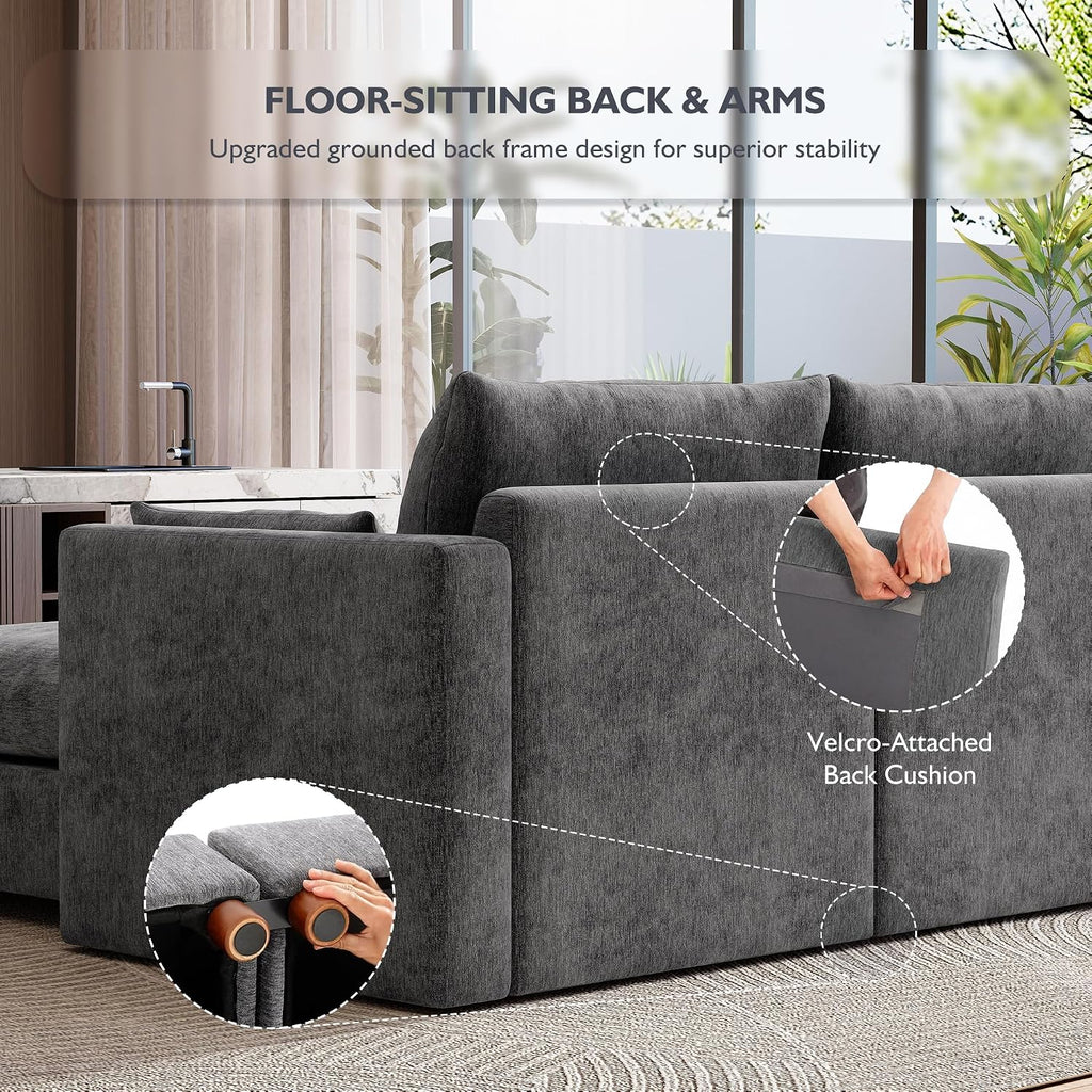 Ihanherry 146" Oversized Modular Sectional Sofa, Modern V Shaped Cloud Couch with 2 Storage Ottoman, 8-Seat Comfy Chenille Deep Seat Sofa with 2 Pillows for Living Room, Grey