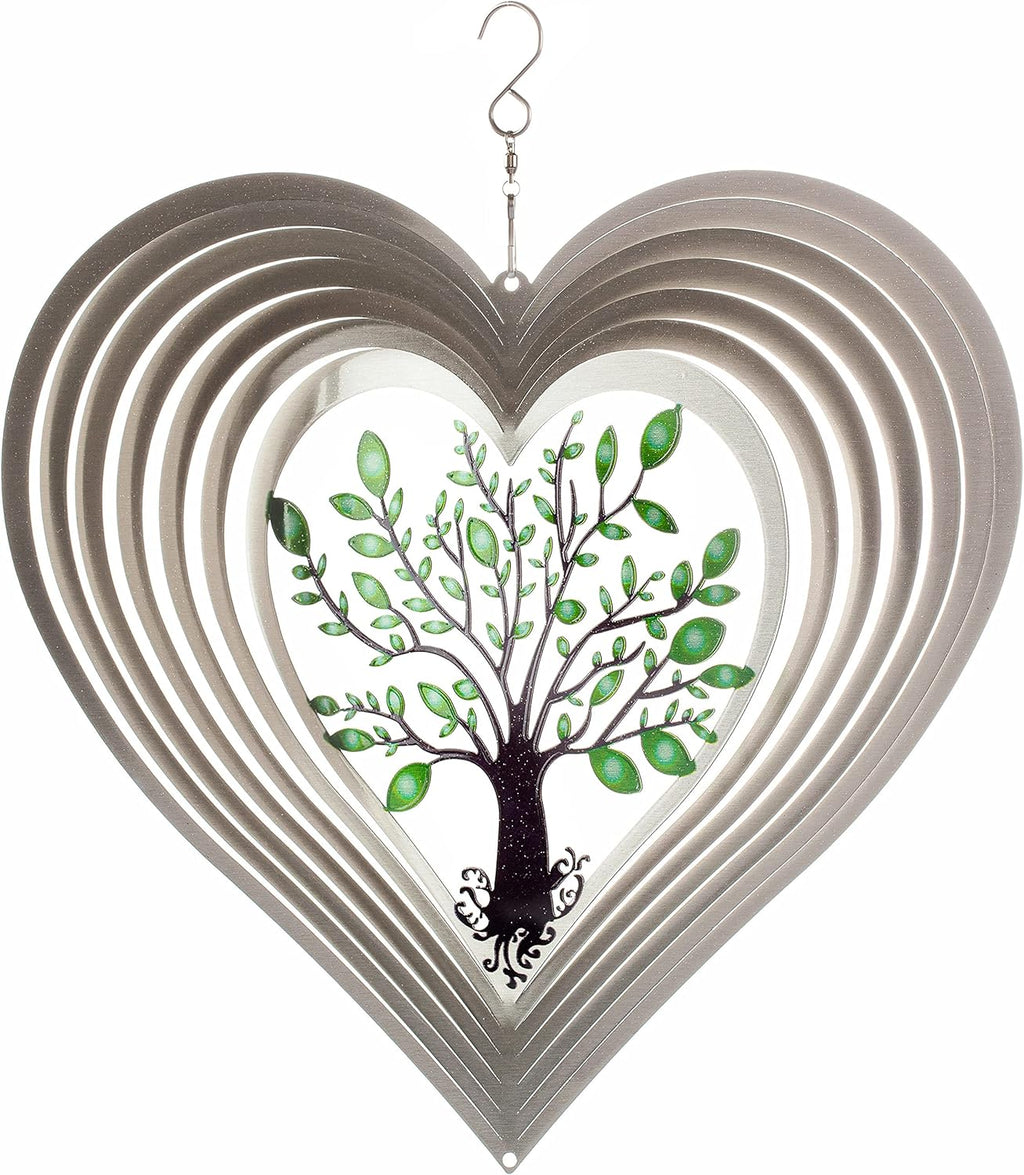 ISEO Silver Heart Wind Spinner for Yard and Garden, Hanging Outdoor Decor, Porch and Patio Decorations, Weather Resistant, 12”