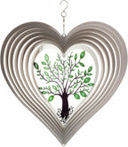 ISEO Silver Heart Wind Spinner for Yard and Garden, Hanging Outdoor Decor, Porch and Patio Decorations, Weather Resistant, 12”