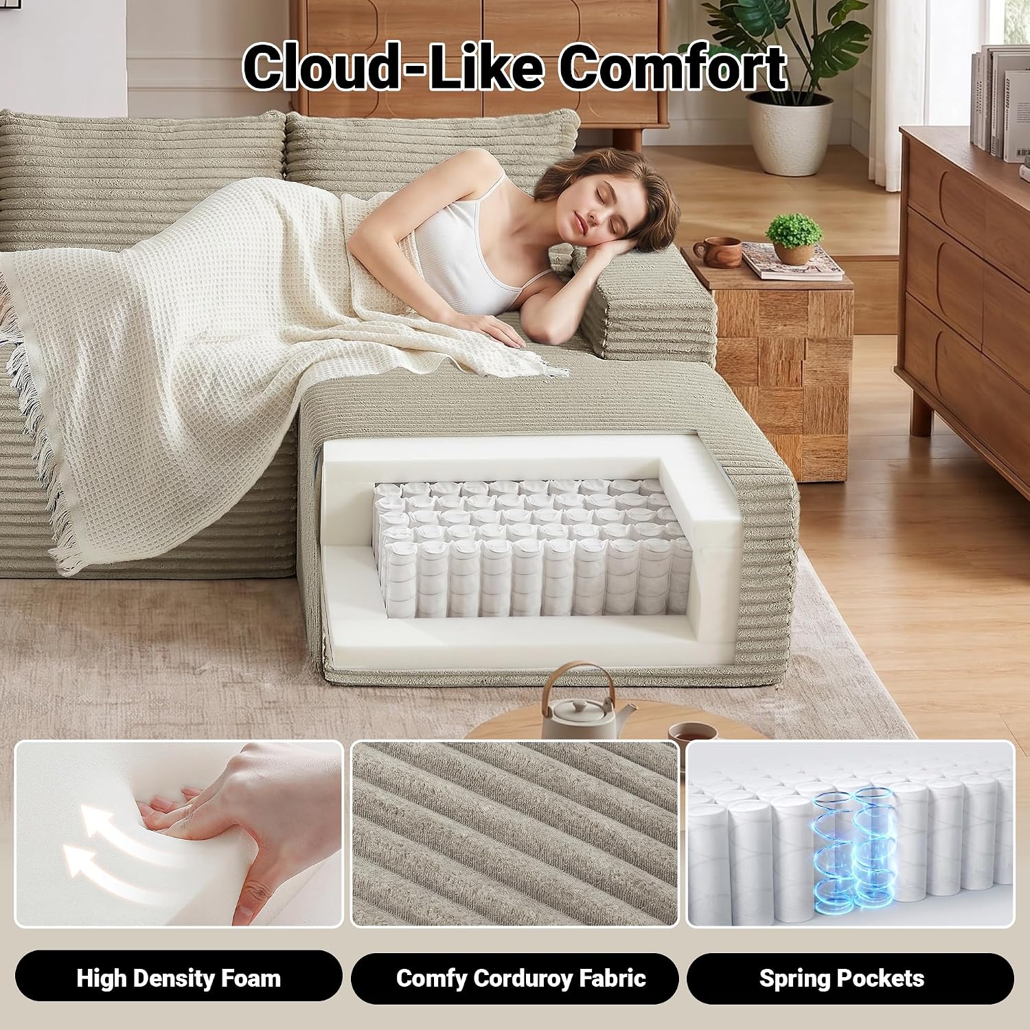 Cloud Sectional Couch, 97 Inch Modern Modular Sectional Sofa with Deep Seat, Corduroy Couches with L-Shape Right Chaise for Living Room Bedroom, No Assembly Required(Camel)