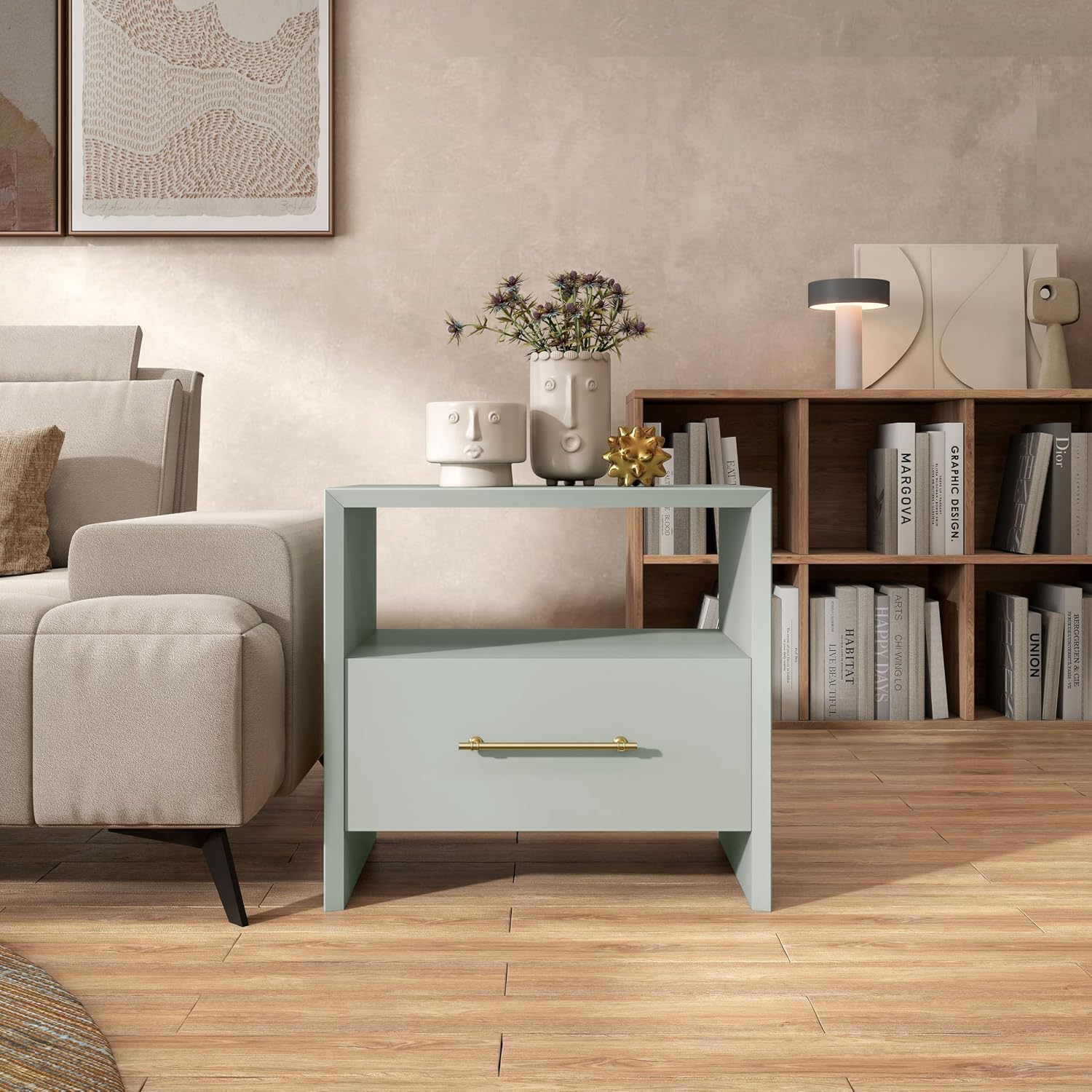 HOMES: Inside + Out Elle Modern 23-inch Rectangular End Table with Drawer and Open Shelf, Wooden Small Nightstand for Living Room, Home Office, Apartment, Small Spaces, Mint Green