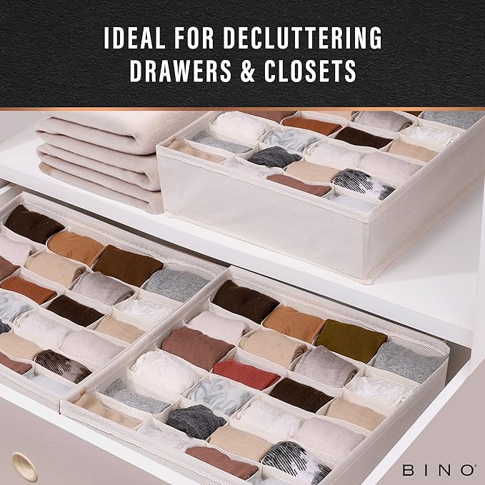 BINO 3-Pack Underwear Drawer Organizer - Beige | Sock Organizer | Drawer Organizer Dresser | Interior Drawer Organizer Storage | Dividers Dresser Drawers | Undergarment Scarf Tie Drawer Organizer
