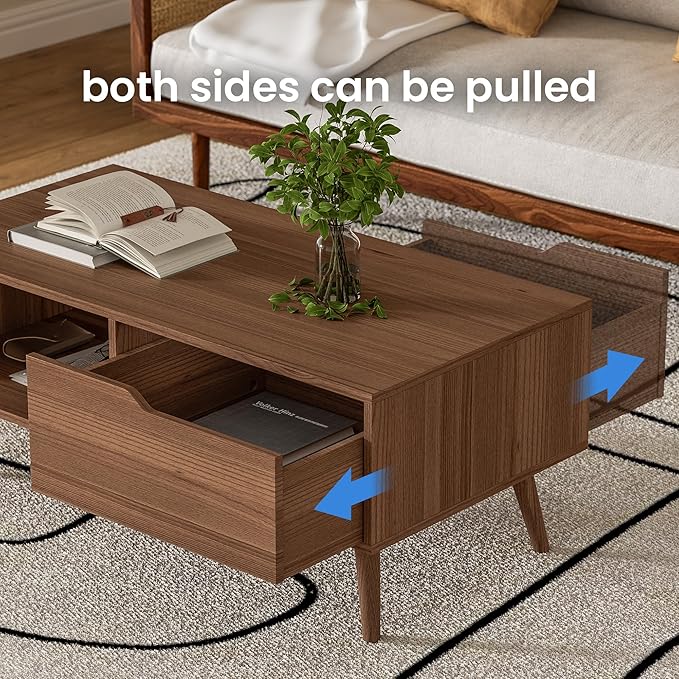 Brown Coffee Table, Mid Century Modern Coffee Table with Drawer & Shelf, 39'' Wooden Simple Console Table for Living Room