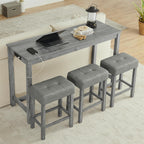 Knocbel Industrial 3-Person Counter Height Rectangle Bar Table Set with Power Outlet, 4-Piece Dinette Set with Padded Seat Stools, Apartment Condo Small Space Pub Bistro Dining Furniture Set (Grey)