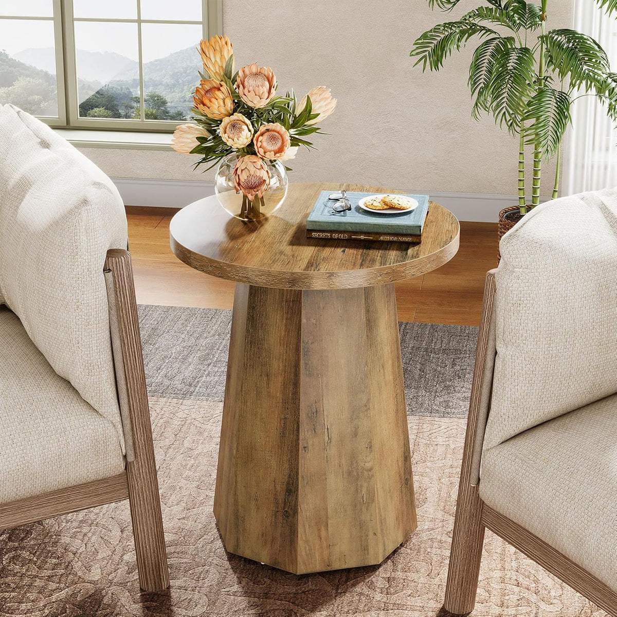 Tribesigns Farmhouse Round End Table, Wooden Couch Side Table with Octagonal Base, Rustic Brown Nightstand Pedestal Accent Furniture for Living Room, Bedroom (1)