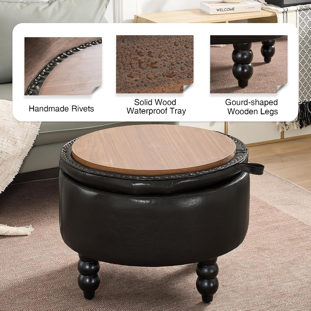 30 Inch PU Leather Round Storage Ottoman with Tray, Modern Upholstered Tufted Coffee Table with Storage, Large Ottoman Footrest Stool for Living Room, Bedroom, Dorm, Dark Brown