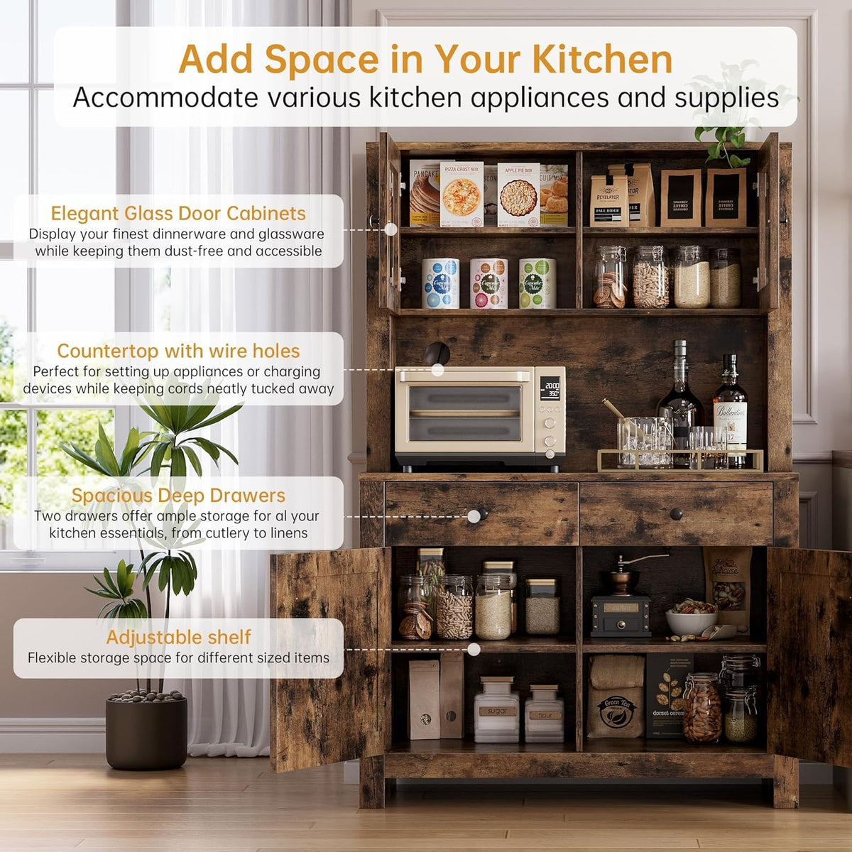 Jojoka 63" Tall Kitchen Pantry Hutch Cabinet with Drawers, Freestanding Storage Cabinet with Microwave Stand, Adjustable Shelves & Tempered Glass Doors for Dining Room Living Room,Brown