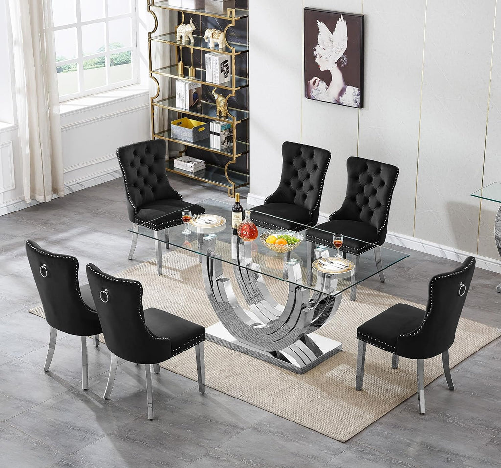 SSLine 7-Piece Silver Glass Dining Table Set for 6, Modern Luxury 70" Glass Dining Room Table with Three-Ring Shape Stainless Steel Base, Elegant Kitchen Table Set with 6 Black Tufted Chairs