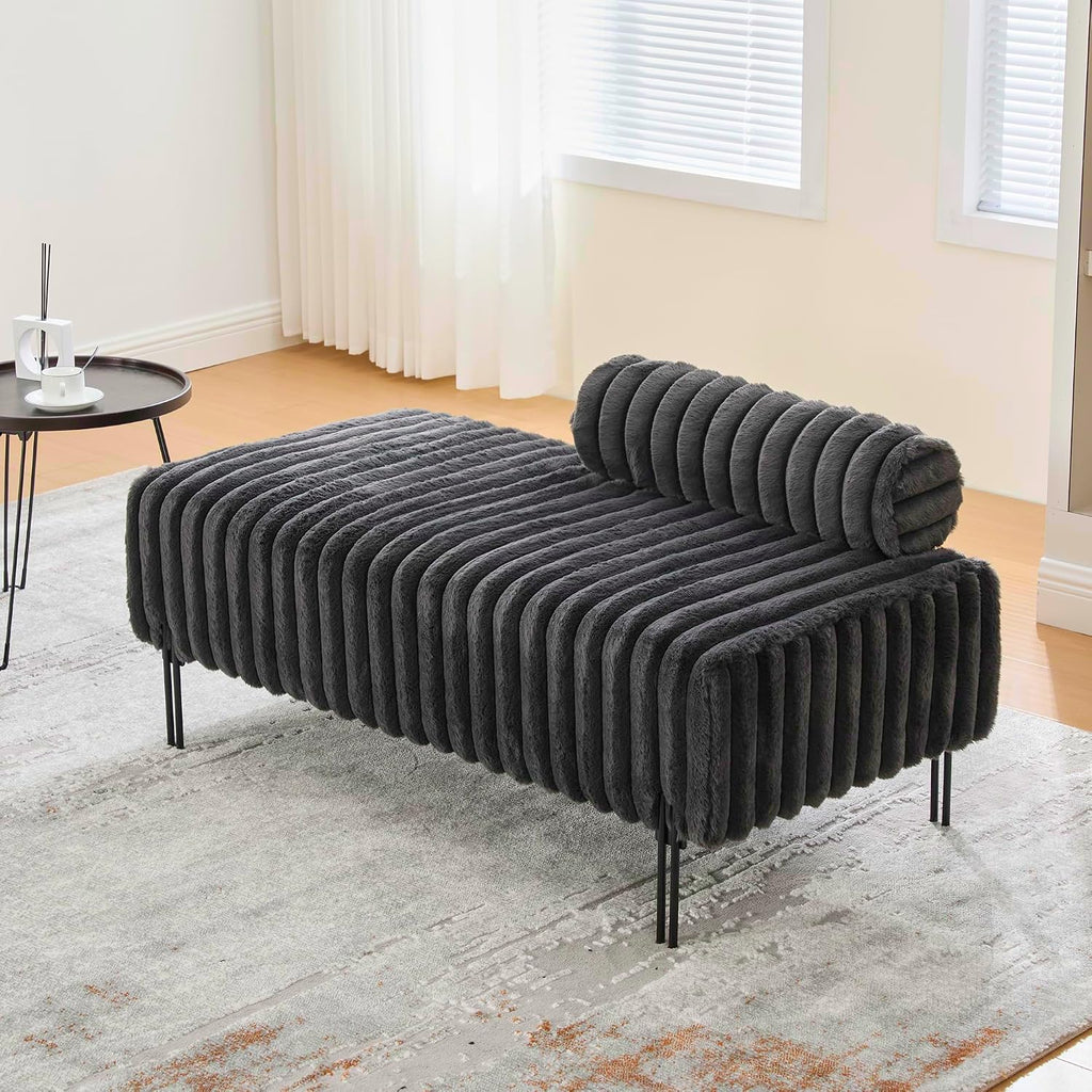 Aoowow Faux Fur Bedroom Ottoman Bench 49.6" Long Ottoman Benches for Living Room Bed End Rectangular Window Entryway Bench Footrest with Golden Metal Legs (Without Storage, Charcoal Grey)