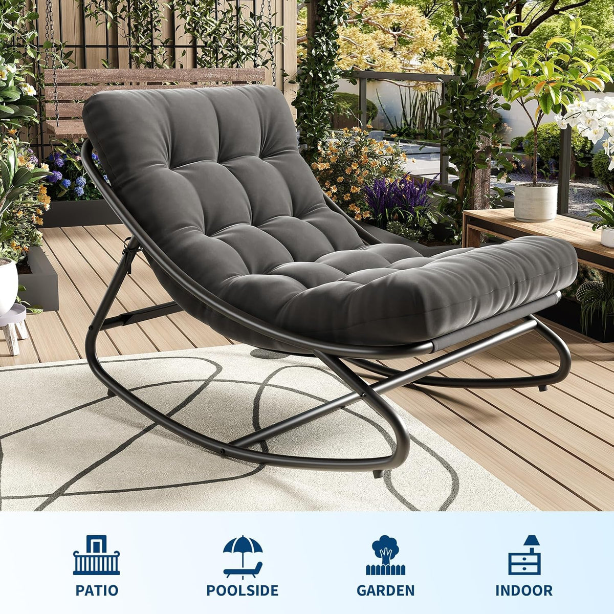 IDEALHOUSE Outdoor Rocking Chair with Metal Frame, Adjustable Papasan Rocker, Waterproof Comfy Cushion, 450lbs Capacity, for Patio, Porch, Garden, Living Room, Dark Grey