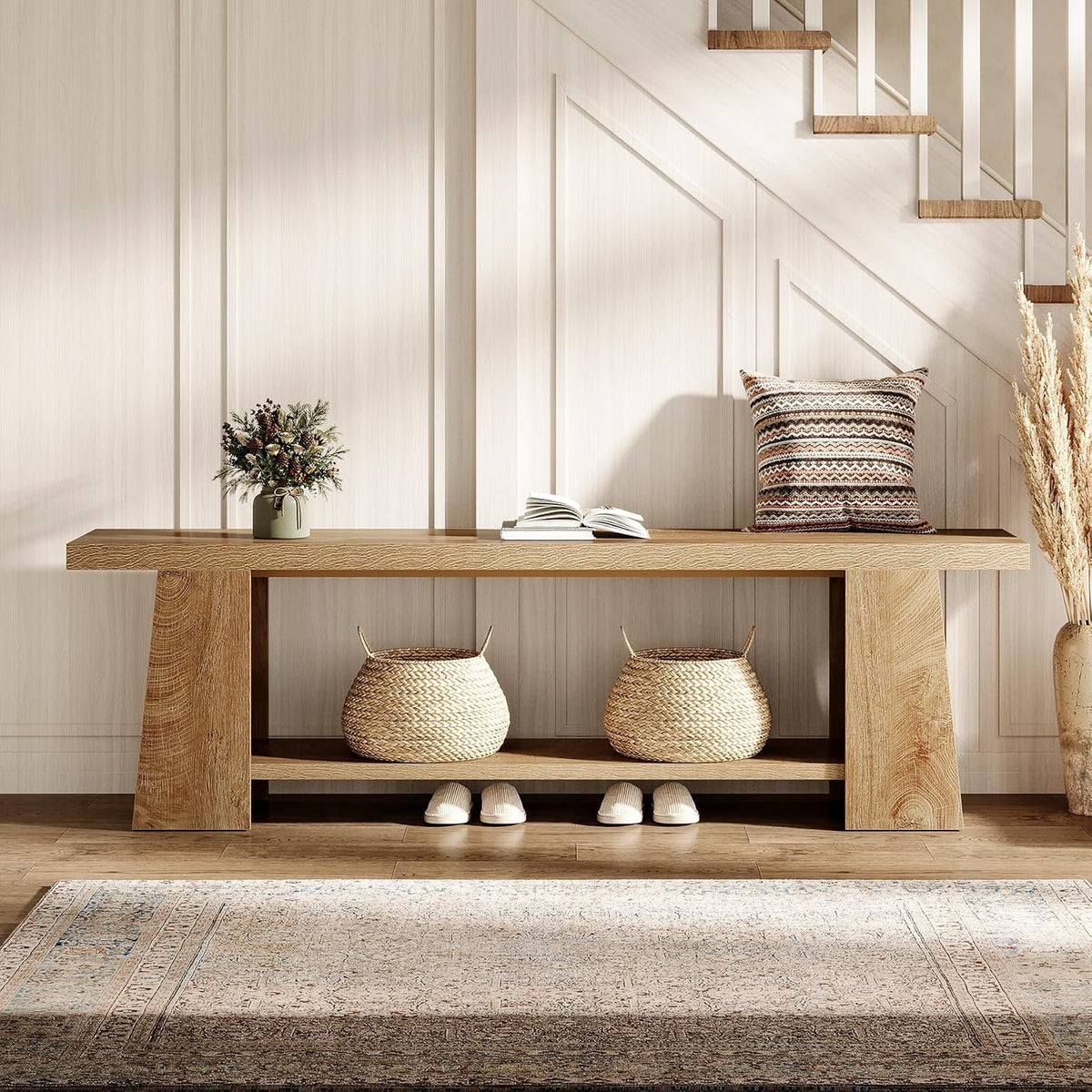 Tribesigns 2-Tier Entryway Bench, 59-Inch Extra Long Shoe Bench with Storage Shelves, Wood End of Bed Seat, Farmhouse Hallway Foyer Seat with Open Shelves for Entryway, Bedroom, Living Room, Natural