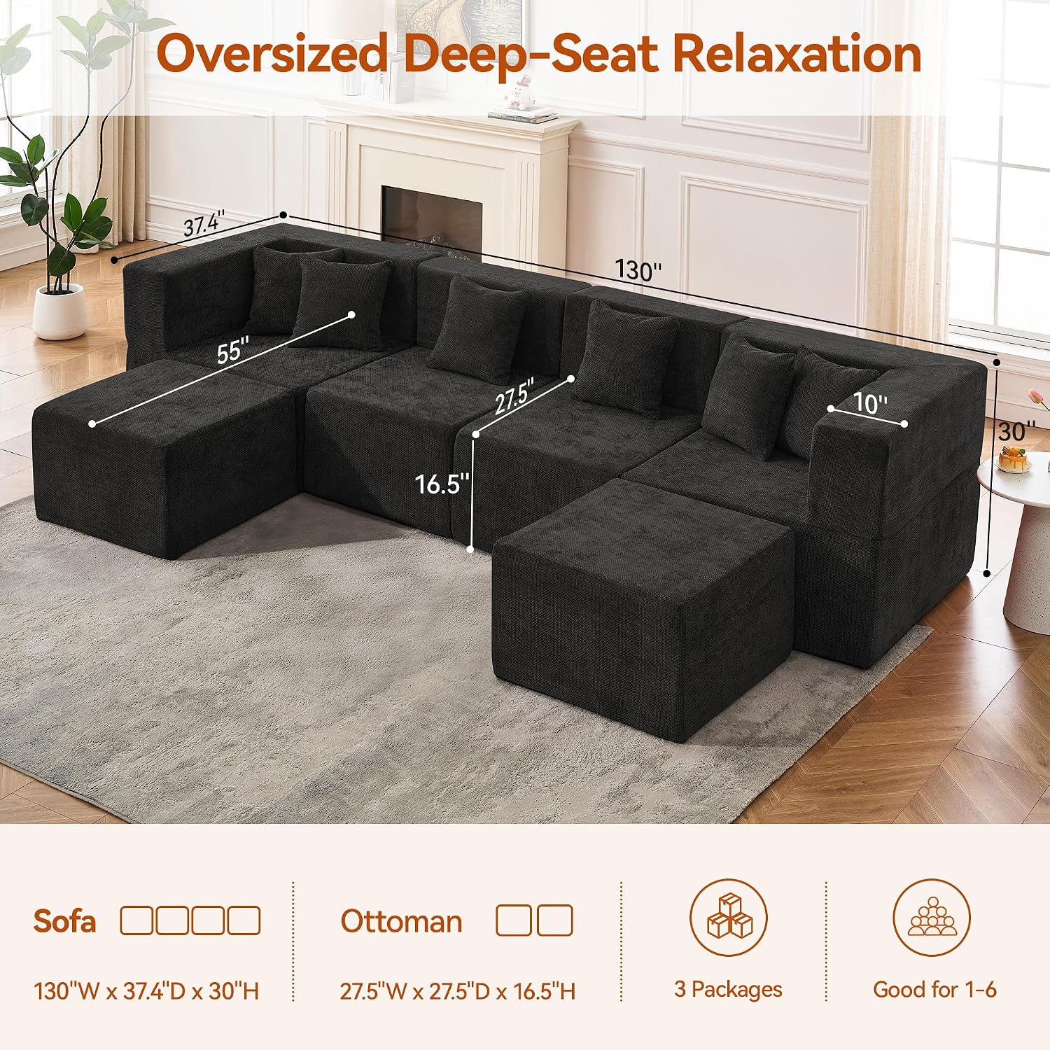 MONVANE 130'' Modular Sectional Cloud Couch for Living Room, 6 Seater Convertible Chenille Couches Set with Ottoman & Pillow, No Assembly Compression Sofas, Comfy Floor Sofa with Memory Foam, Black