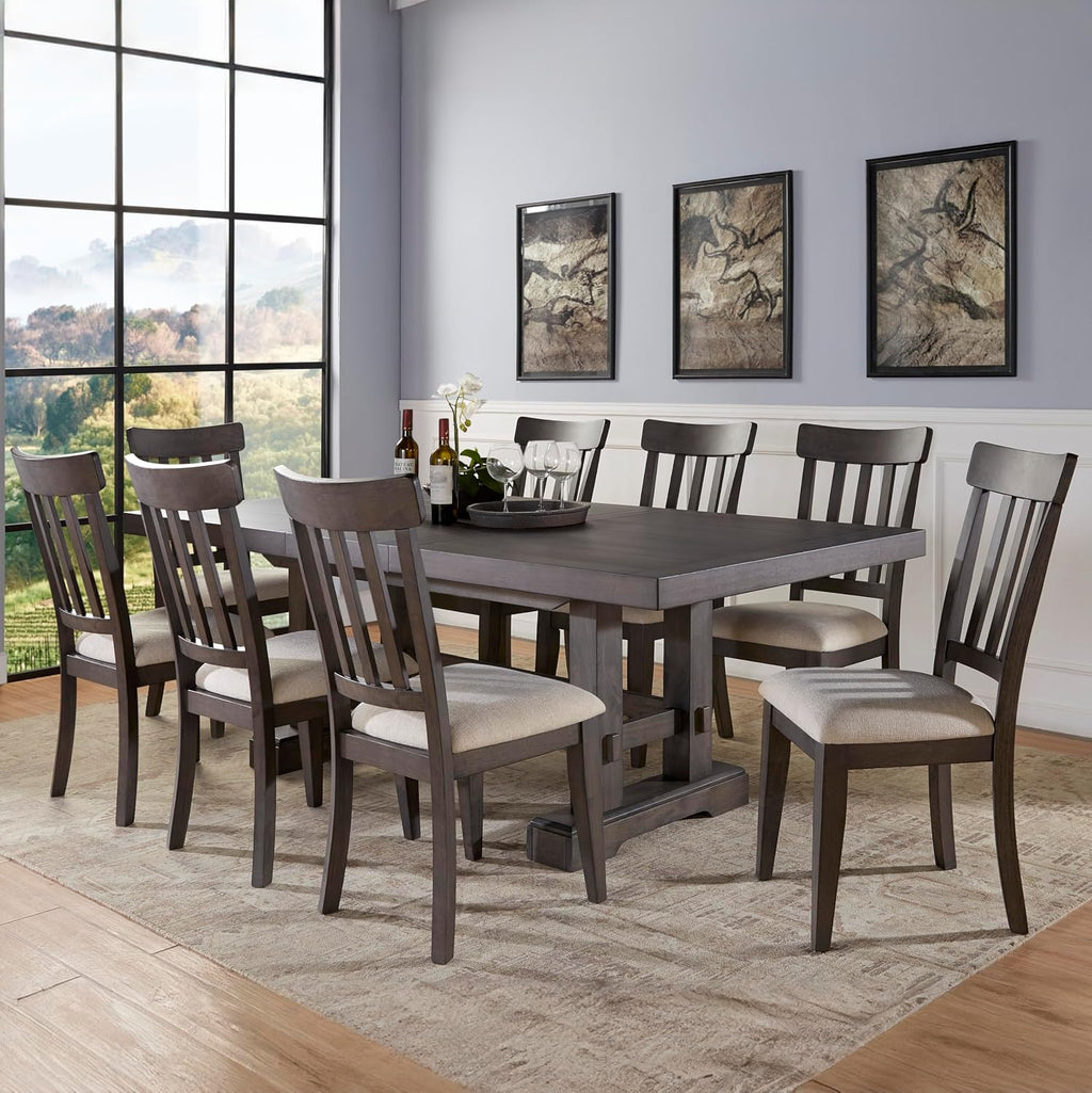 Steve Silver Furniture Napa 9pc Dining Table Set, 72"-90"-108" Dining Table w/ 2-18" Leaves, 8 Upholstered Side Dining Chairs, Farmhouse Design, Dining Room, 72" L x 42" W x 30.5" H, Brown
