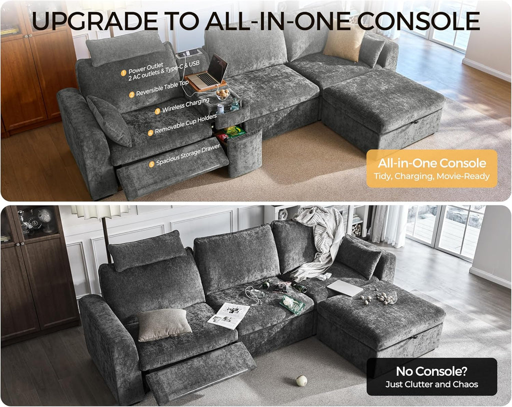 138.6'' Oversized Power Recliner Sofa with Headrest, Modular Cloud Sectional Couch with Convertible Table, Charging, Drawer, Cup Holder, 4-Seater with Storage Ottoman, Chenille, Grey