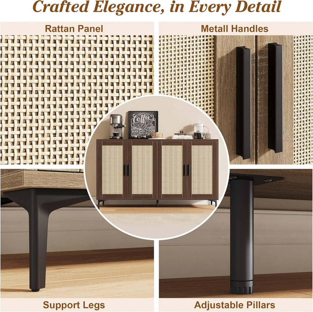 JASIWAY Buffet Cabinet with Storage, 48" Rattan Sideboard with Adjustable Shelves, Modern Coffee Bar Cabinet Console Table with Doors, Credenza for Kitchen, Living Room, Entryway, Dining Room, Walnut