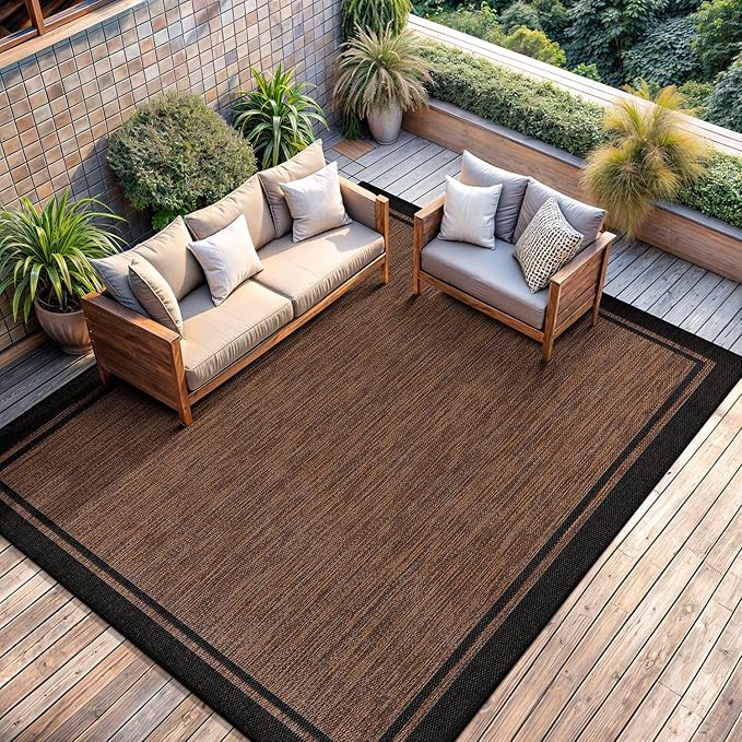 CAMILSON Indoor Outdoor Rug, 9x12 Bordered Nut Brown Black Modern Area Rugs for Indoor and Outdoor Patios, Kitchen and Hallway Mats, Washable Porch Deck Outside Carpet (Border Nut Brown Black, 9 x 12)