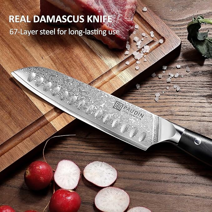 PAUDIN Damascus Knife Set 3 PCS, Japanese VG10 Steel Core, Ultra Sharp Chef Knife Set, Full Tang G10 Handle, Damascus Kitchen Knives