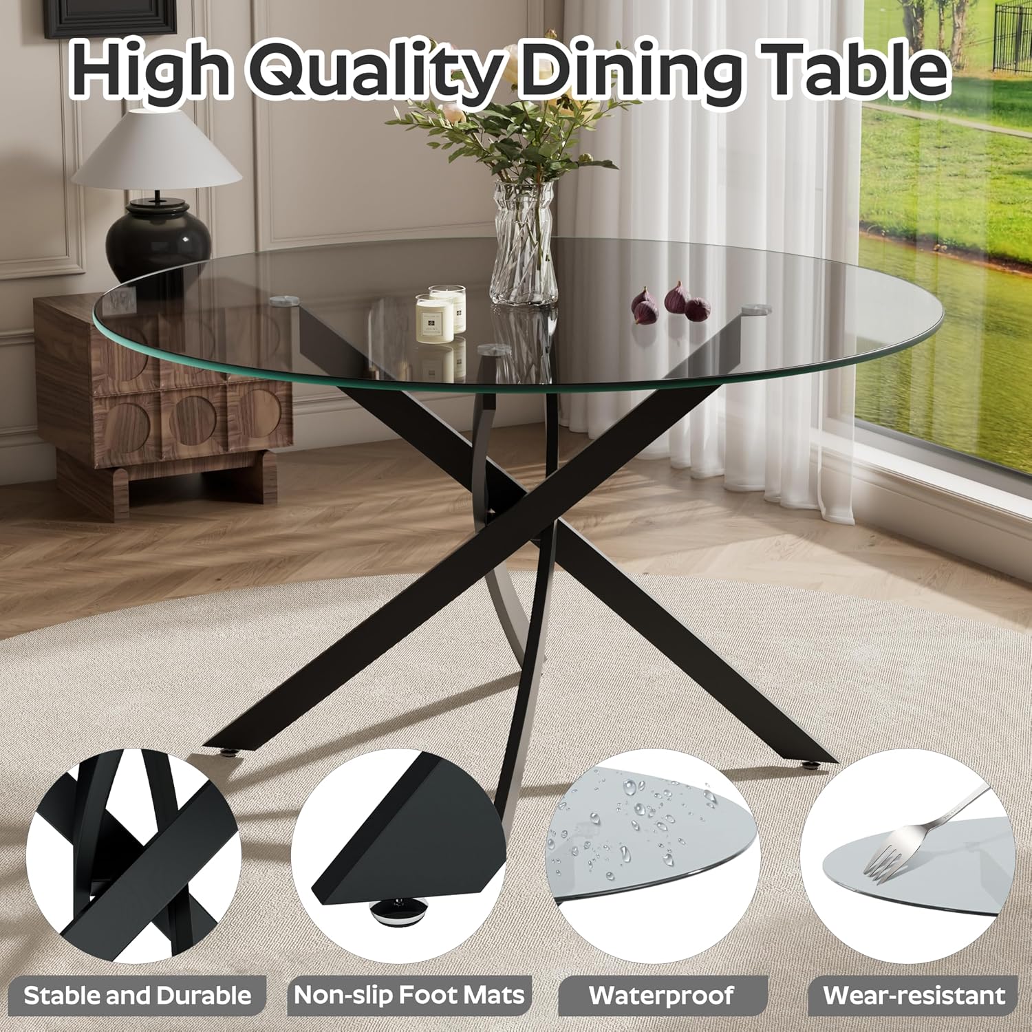 RGZ 5 Pieces Modern Round Kitchen Set, Clear Grey Circle Glass Dining Table with Dark Grey PU Faux Leather Chairs Set of 4, 47'' Large Luxury Circular Dinner Room Set, for Leisure Apartment (Black)