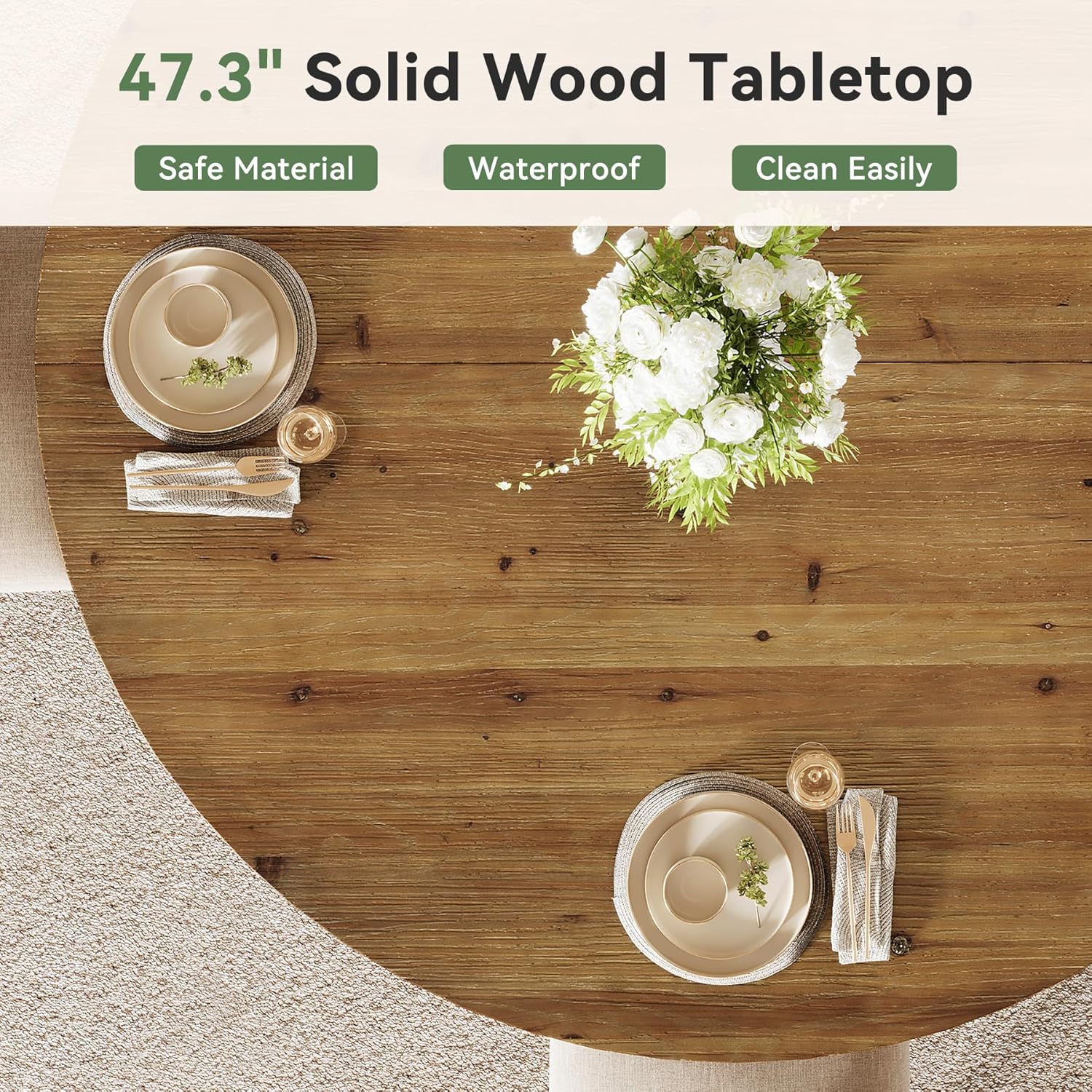 47.3" Solid Wood Dining Table for 4-6, Round Wood Kitchen Table | Farmhouse Kitchen & Dining Room Table, Sturdy and Stable, Circle Dinner Table with Wood Legs, Easy Assembly, Rustic Brown