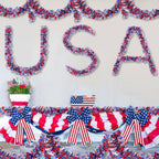 4 Pack 26.4 ft Red White Blue Patriotic Tinsel Garland with American Flags, Metallic Foil Fringe Banner Streamers for 4th of July, Memorial Day, Veterans Day, Independence Day, and Parade Decorations