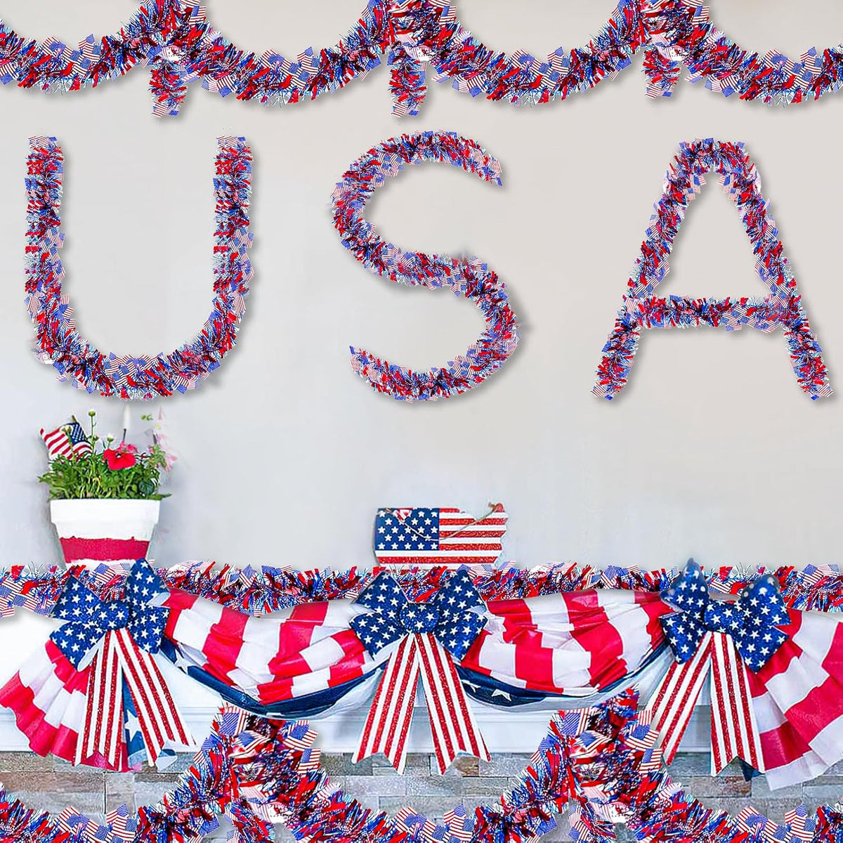 4 Pack 26.4 ft Red White Blue Patriotic Tinsel Garland with American Flags, Metallic Foil Fringe Banner Streamers for 4th of July, Memorial Day, Veterans Day, Independence Day, and Parade Decorations