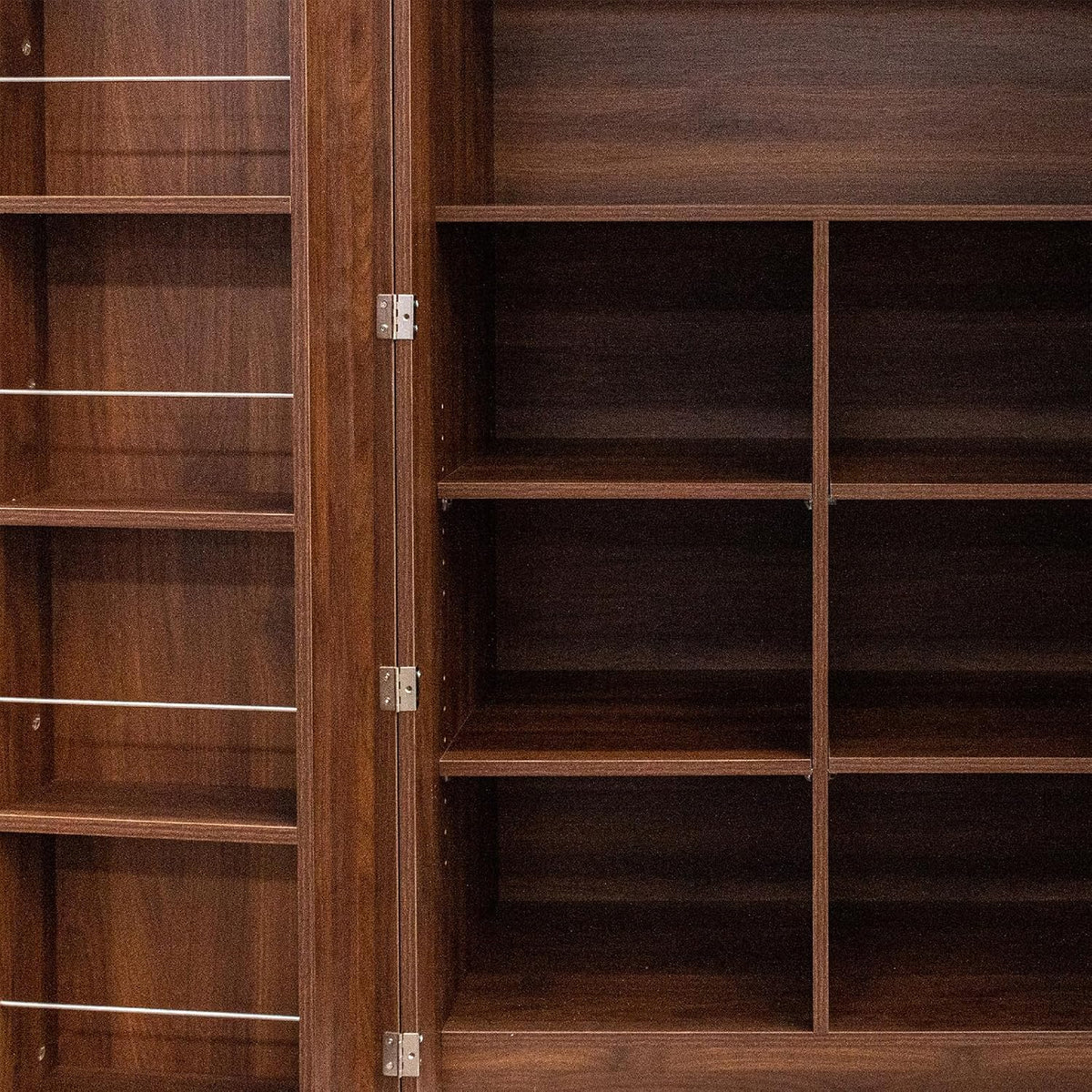22 in Deep Kitchen Pantry Storage Cabinet with Door Shelving Walnut | 180° Doors with Bottom Rollers, Adjustable Shelves