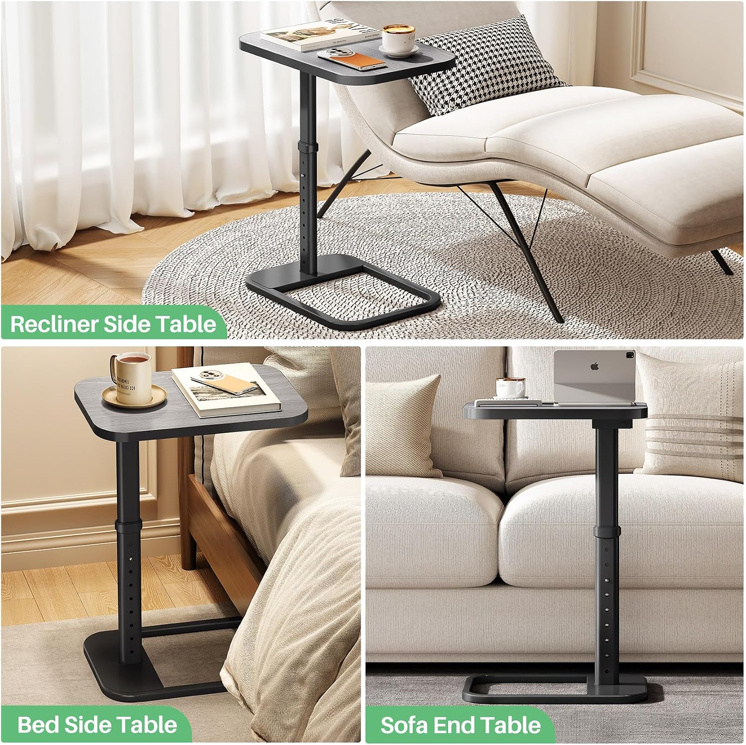 Kitstorack TV Tray Table, Adjustable Height & Rounded Metal Corners, Snack Table for Couch, Sofa, Bed, Chair, Living Room, C Shaped End Side Table for Eating, Dinner or Laptop, Small Spaces, Dark Gray