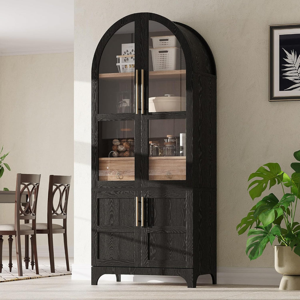 Kitchen Pantry Cabinet, 71" Tall Arched Kitchen Storage Cabinet Wood Farmhouse Kitchen Storage Cabinets with Glass Door, Adjustable Shelves, Hidden Drawer Versatile Cupboard for Kitchen (BLACK)