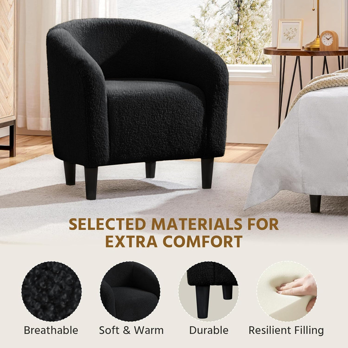 Yaheetech Small 25.5in Wide Sherpa Barrel Accent Chair for Bedroom, Black | Compact Cozy Barrel Chairs with a Curved Silhouette, Upholstered Furry Armchair for Small Spaces, Living Room Bedroom Corner