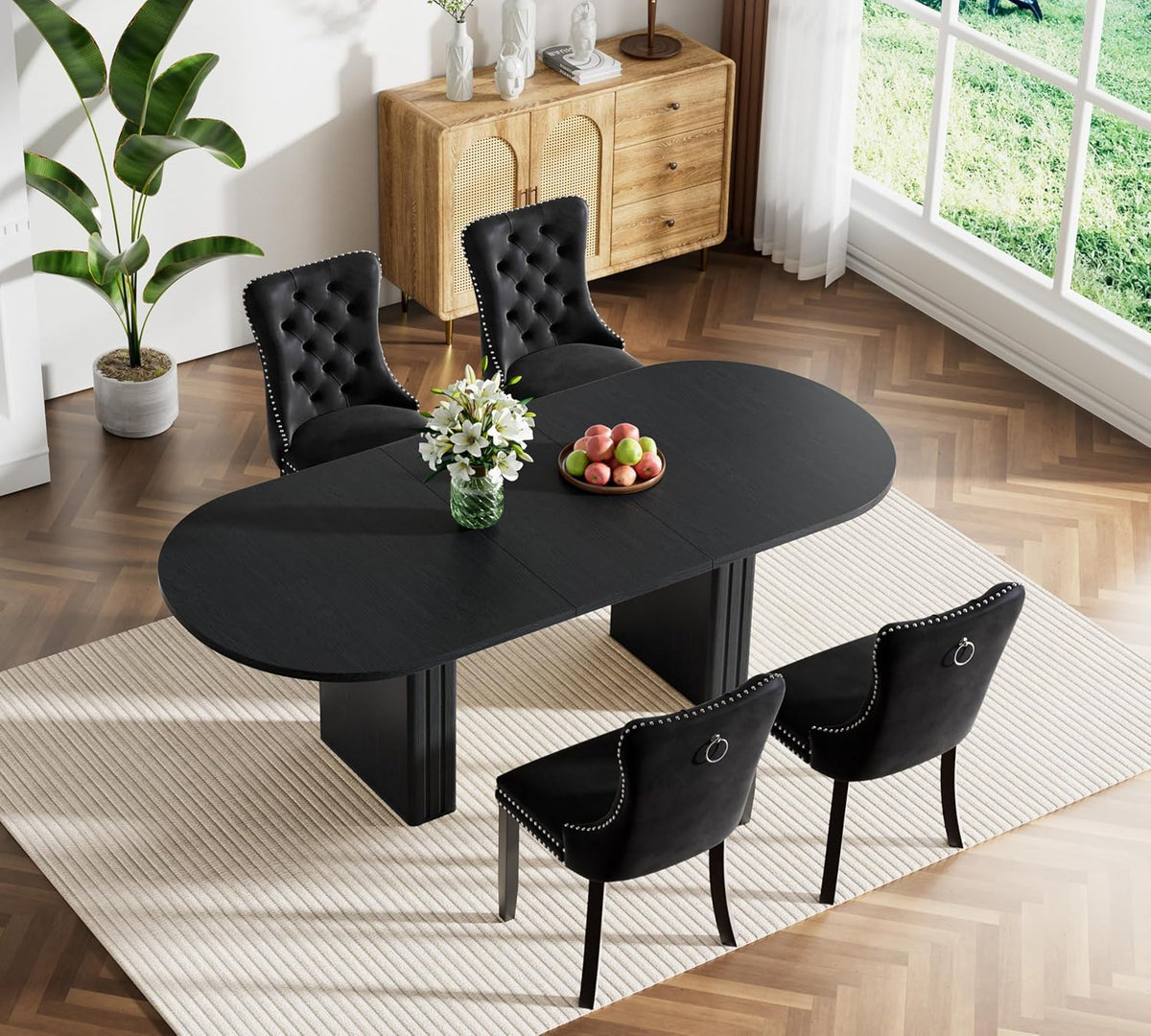 Extendable Dining Table Set of 4, Black Oval Dining Room Table & 4 Black Velvet Dining Chairs with Wood Leg, 62.99"-78.74" Kitchen Table and Chairs Set, Modern 5 Piece Dining Set