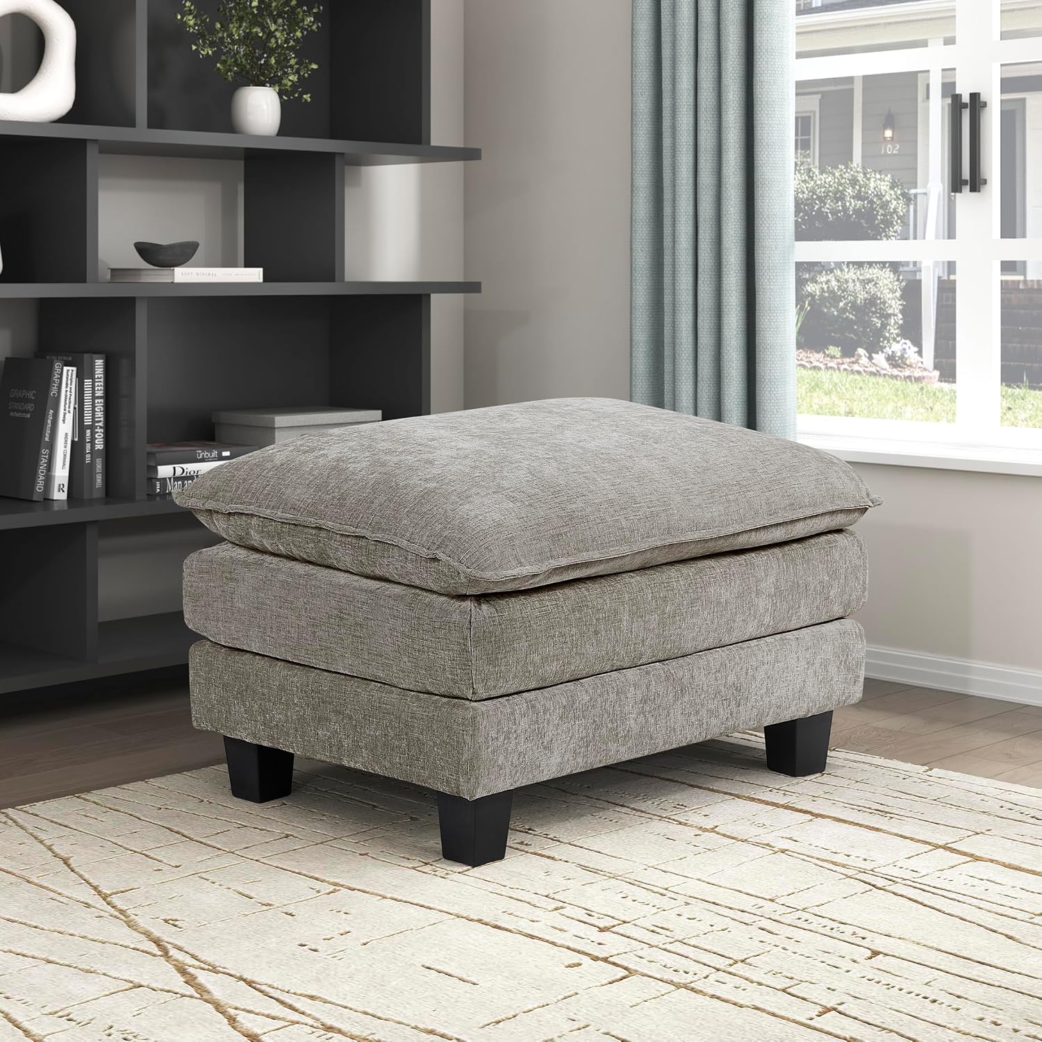 Lexicon Chenille Upholstered Rectangle Ottoman, Foot Stool, Black Faux Wood Feet, Durable Frame, Large Padded, Modular Sectional Couch Add Ons for Living Room, Bedroom, Assembly Required, Dark Pewter
