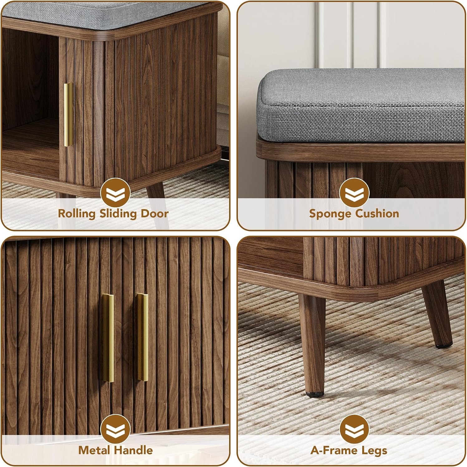 Decofy Shoe Storage Bench with Cushion and Sliding Doors, 47.2 Inch Shoe Bench with Storage, Freestanding Entryway Bench with Shoe Storage, with Solid Wood Legs, for Hallway & Entrance Hall, Walnut